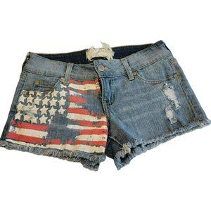 Altard State Junior's 3/26 Distressed Denim Jean Shorts with Flag, 3" Inseam EUC